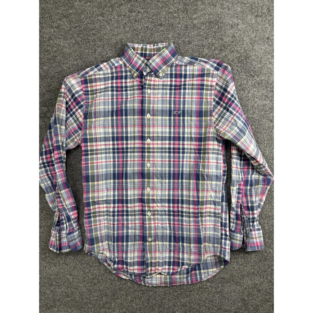 Vineyard Vines Whale Shirt Mens Small Blue Pink Plaid Button Down Long Sleeve